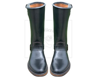 Handmade Black Leather Engineer Boots: Buckle Motorcycle Rider Style