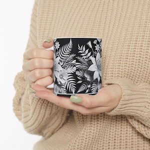 Elegant Floral Ceramic Mug, Black and White Flower Design, Gift for Tea or Coffee Lovers, Home Decor, Mother&#39;s Day, Unique Coffee Cup