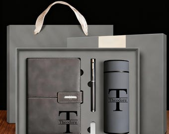 Custom Business Logo Notebook Gift Set – Personalized Corporate Journal, Pen & Thermos in Premium Gift Box | Employee Client Company Gifts