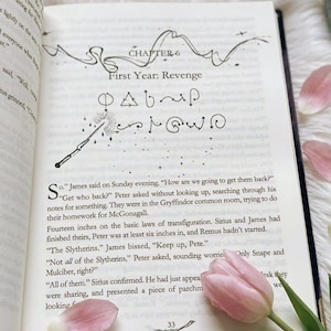 Może przedstawiać: Otwarta książka z tekstem z rozdziału 6, "First Year: Revenge". Ilustracja różdżki i dekoracyjne linie znajdują się nad tekstem. Różowy tulipan i płatki spoczywają na stronach. Widoczny numer strony 33.