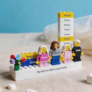 May include: A custom display made of interlocking plastic building bricks featuring four minifigures labeled Finney, Mama, Evie, and Dada. A vertical tower shows years from 4 to 10. A blue brick is printed with Tonya & Em and 07.08. The base reads My heart is safest in your hands.