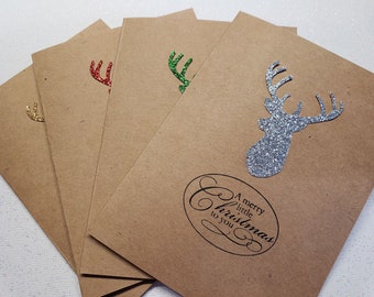 Set of 4 Deer Holiday Cards * Kraft Cards * Glitter Deer * Simple Christmas Cards * Free Shipping