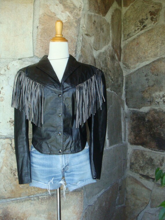 80's FRINGED LEATHER JACKET vintage black cropped