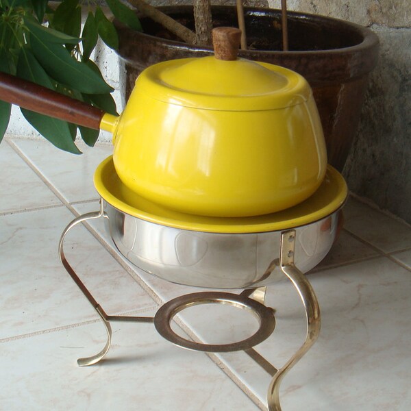 1970s FONDUE SET  vintage yellow pot