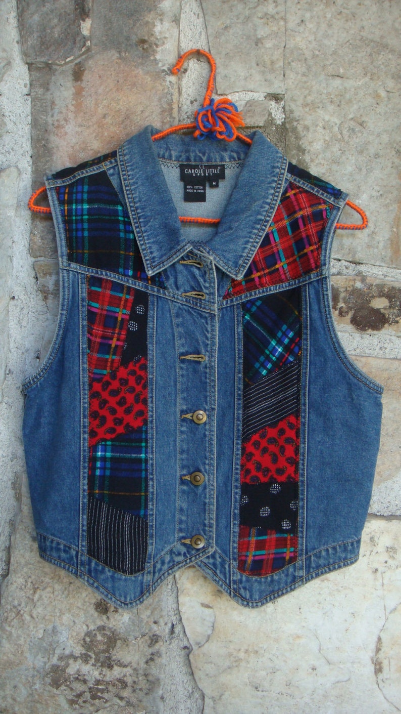 90s PATCHWORK DENIM VEST vintage plaid grunge M | Etsy