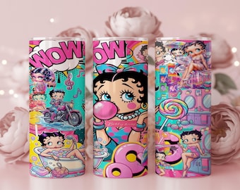 Retro Cartoon Girl 20oz Skinny Tumbler Wrap PNG | Wzór sublimacji Bubblegum Pop Art | Pobieranie cyfrowe