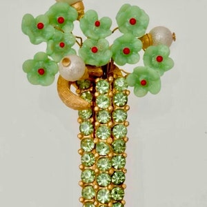 Schiaparelli signed Brooch Vintage 1950 Figural Green Glass Flowers with Faux Pearls in GORGEOUS Green Sparkly Rhinestone Vase Surreal Gift