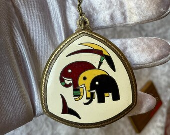 Evans Elephants Dance Flapper Compact Etched Ring Link Chain Enamel Art Deco African Art Moderne Design Rare Gifts for her compact Collector