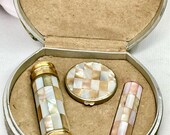 Compact Lipstick Perfume Women Le Kid Vintage Boxed Set Nice Gift Tiled Shell Mother of Pearl Makeup Kit in Fitted Original Box 1940 France