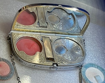 Lipstick Rouge Face Powder Dance Compact Purse Art Deco Design Etched Chain Links Gorgeous interior UNUSED Removable Red Lipstick