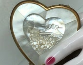 Valentine gift for her Heart Shape MOP Powder Compact Carved Mother of Pearl w Pearl Beautiful Elegant Love Makeup Vintage 1930