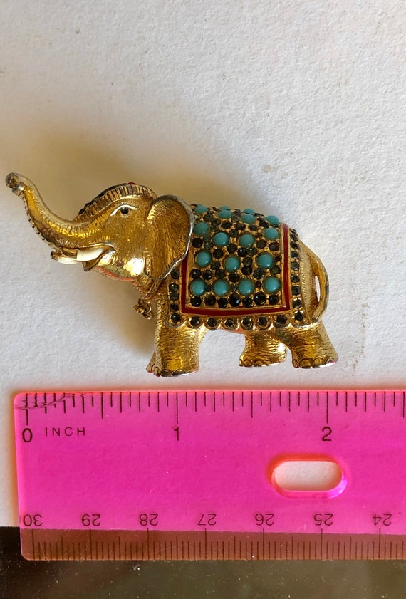 Ciner Elephant Brooch Signed Turquoise Rhinestones
