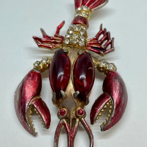 Unsigned Schiaparelli Lobster Brooch Vintage 1940 Fabulous Red Rhinestone eyes Gift for her