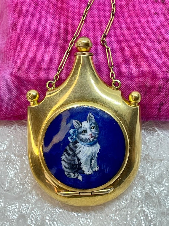 Antique kitten Necessaire 10kt gold blue Guilloche