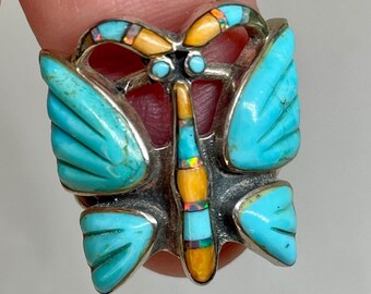 Schmetterlingsring mit Türkis, Opal und Koralle, Sterlingsilber 925, Größe 7,5, figürlich und bezaubernd!