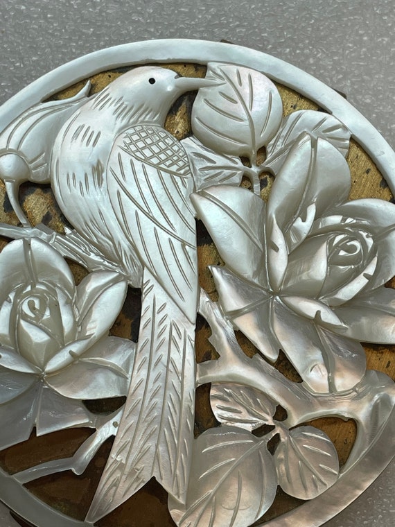 Bird Compact MOP GORGEOUS Carved Roses Vintage 19… - image 6
