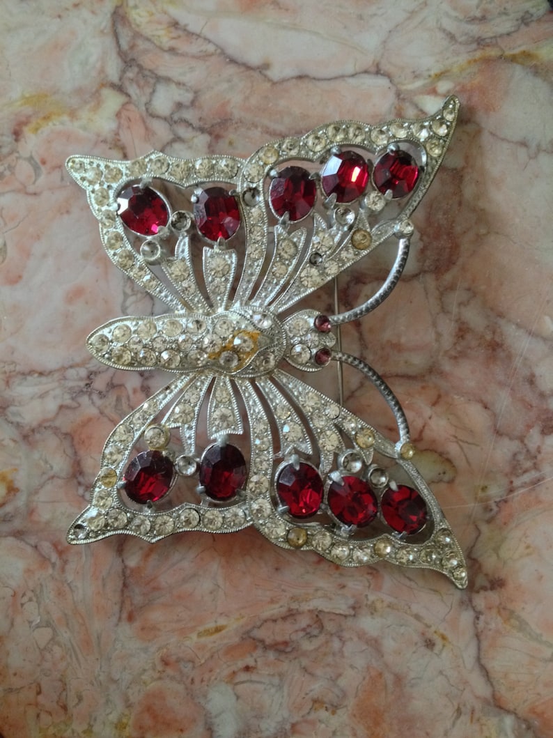 Staret Butterfly MASSIVE UNsigned pot metal rhinestones GORgeous fabulous 1930 Brooch Pin Glamorous Red and clear Glass Stones Glitzy RARE