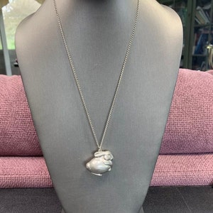 May include: A silver-toned metal pendant shaped like a small, seated rabbit, suspended from a delicate matching silver-toned chain. The rabbit figure features smooth, rounded contours and a polished finish, hanging centrally from the thin link chain.