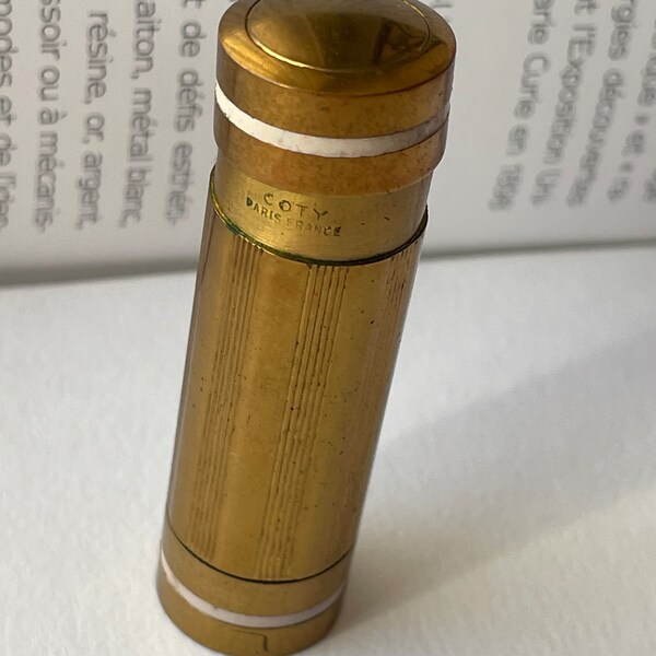 1920 Coty lipstick White Enamel Gold Plated Brass Enginge Turned Hefty Tube w Pull Off Cap Paris France Imprint RARE Makeup Cosmetics Museum