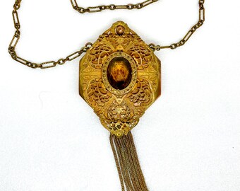 Vintage Compact with Citrine faux Jewels Fringe Flapper Purse 1930 Collectible Bride Gift