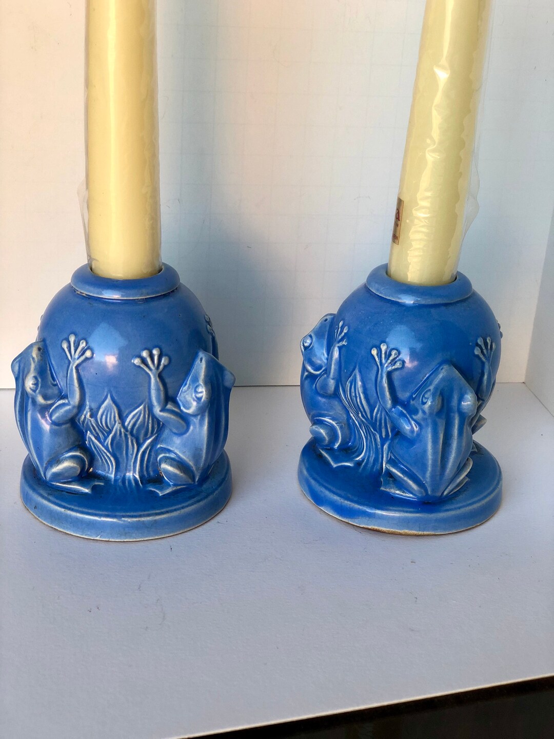 Pair Frogs Vintage Candlestick Holders Pair Blue AMAZING Pottery 1940