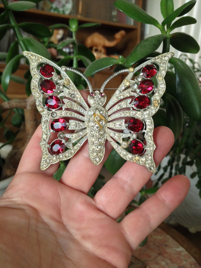Staret Butterfly MASSIVE UNsigned pot metal rhinestones GORgeous fabulous 1930 Brooch Pin Glamorous Red and clear Glass Stones Glitzy RARE