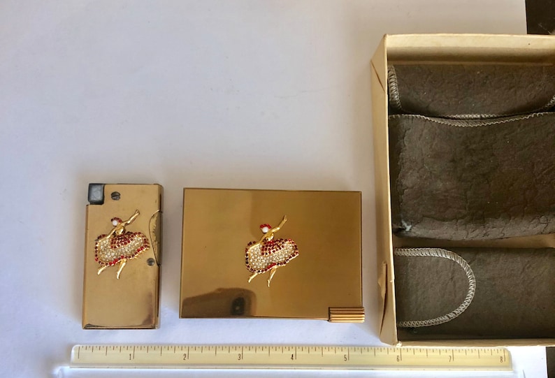 Volupte Ballerina Femme Lighter Set W Fitted Felt Pouches Garnet Rhinestone Encrusted Opal Head Ballet Dancers Puff Original Powder Sieve