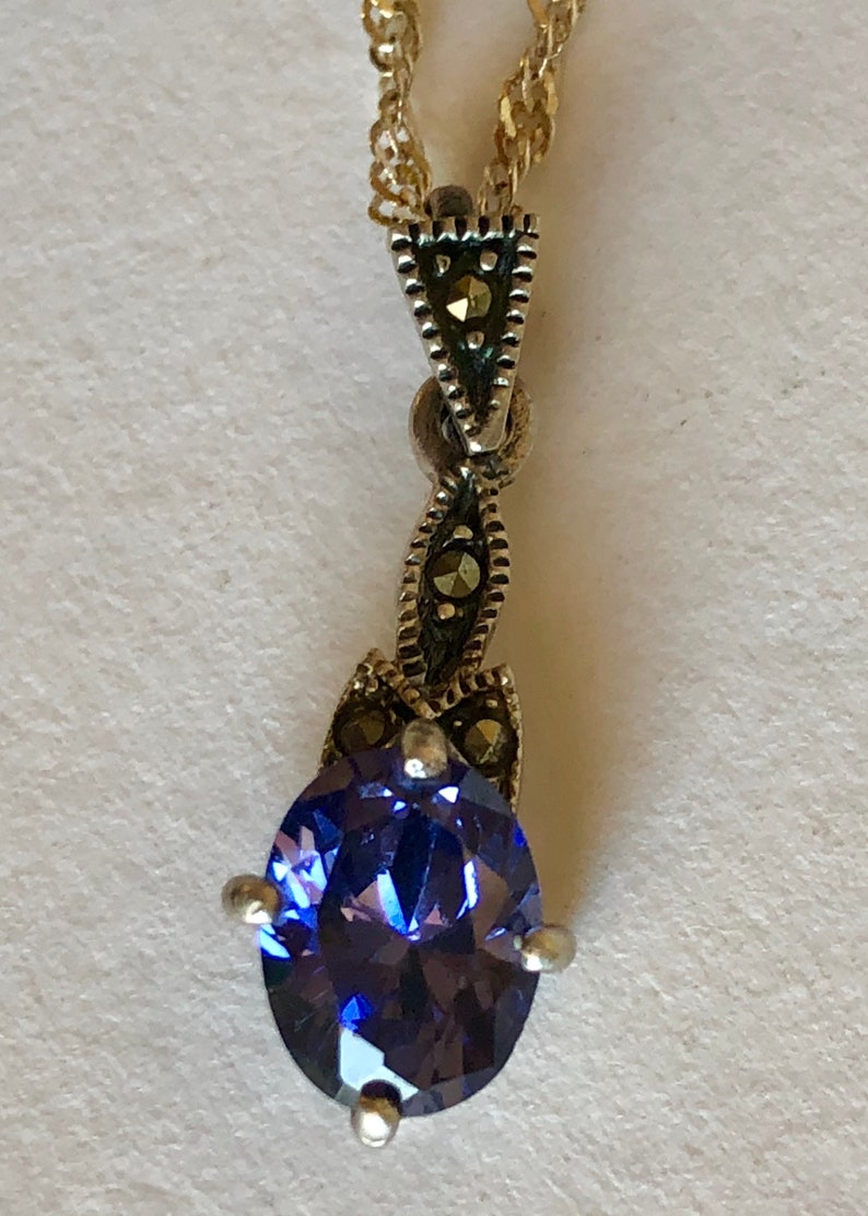 Tanzanite Marcasites Pendant Sterling Silver 925 Chain Beautiful Purple Blue Tones Necklace Vintage