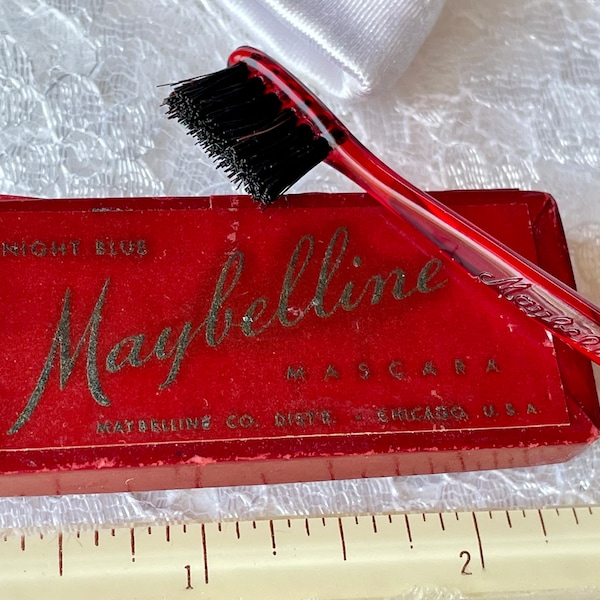 Maybelline Cake Mascara Midnight Blue mit geprägtem Zelluloid-Originalpinsel und -Produkt! Papierkarton, antiker Vintage-Make-up-Sammler