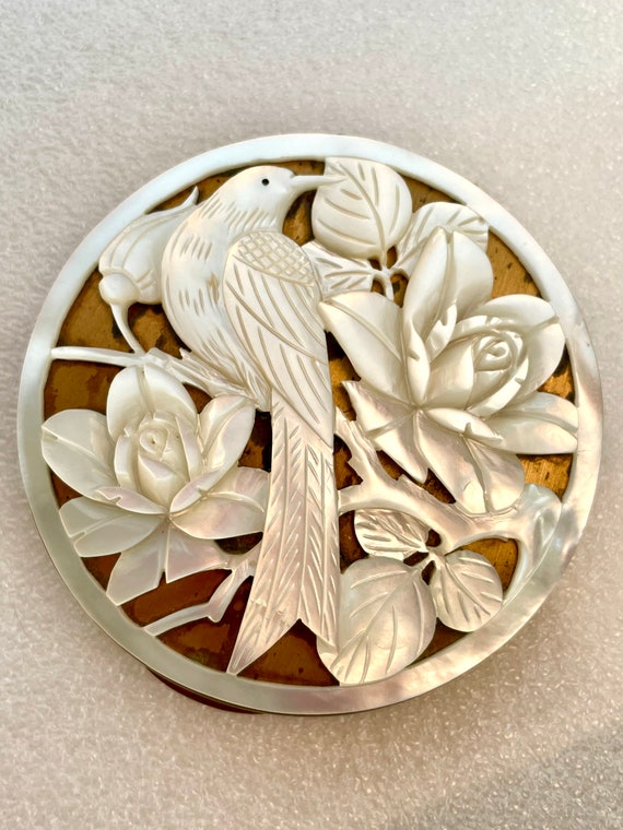 Bird Compact MOP GORGEOUS Carved Roses Vintage 19… - image 1