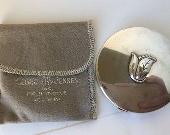 Georg Jensen Compact Sterling Silver Stylized Rare Collectible Vintage Silver Flower Denmark Collector Silversmith 1940 W Felt Pouch Signed