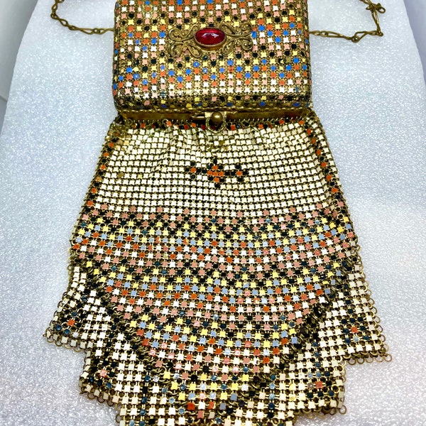 Compact purse multi enameled Colorful Whiting & Davis Vintage 1920 Flapper Chain Mesh tiles Beautiful Red Ruby Glass Stone  Geometric Design