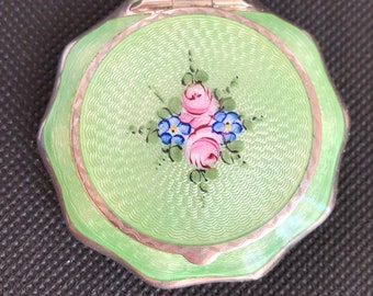 Gorgeous Vintage Compact Guilloche Enamel Green W Handpainted enamel Roses Flowers Powder Puff Rouge Glass Mirror Mesmerizing 1930 Gift her!