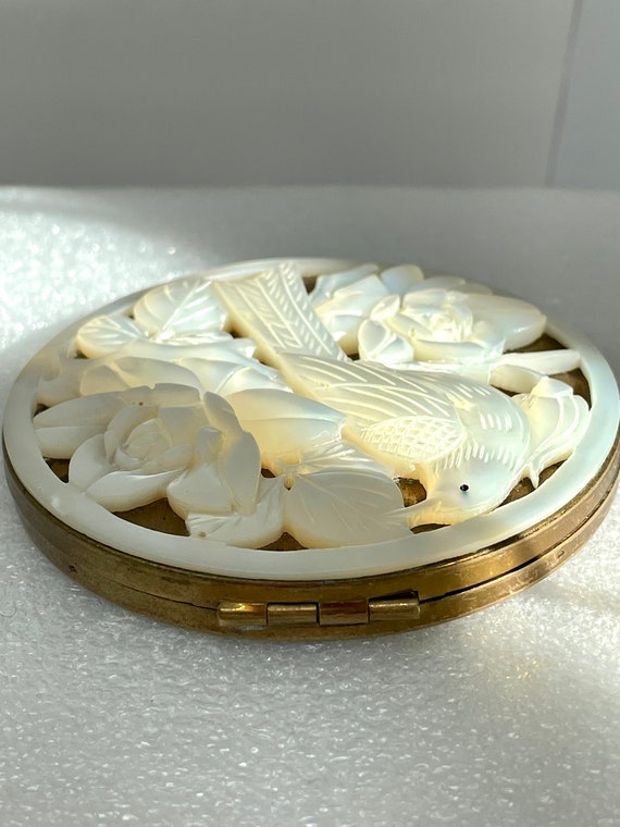 Bird Compact MOP GORGEOUS Carved Roses Vintage 19… - image 4