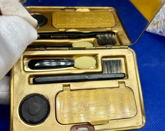 Compact Mondaine Full Makeup Vintage 1930 Cosmetic Collectible Blue enamel front & back signed Mascara brush lipstick