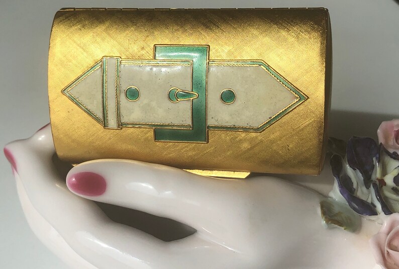 Italy Compact Brushed Goldtone Mirror Case Art Deco Enamel Buckle Signed Numbered 1930 Quality Collectible Makeup Powder