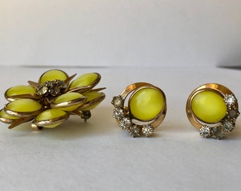 Walter Lampyl WL Pendant earrings Pin Lemon Glass Gold Fill 12kt Quality Screw back Signed Prong Set Stones Pendant Vintage Collectible Set