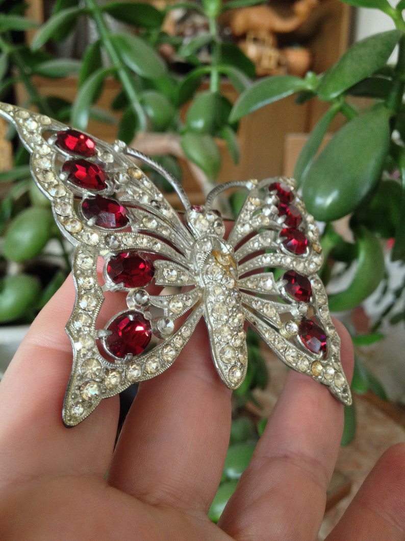 Staret Butterfly MASSIVE UNsigned pot metal rhinestones GORgeous fabulous 1930 Brooch Pin Glamorous Red and clear Glass Stones Glitzy RARE