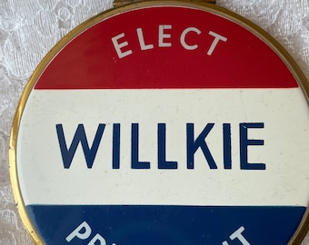 compact Vintage President Elect Willkie Red White Blue Enamel w Original Volupte Powder Puff Vintage Makeup Cosmetics Vanity Rare Gifts her