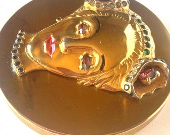 Seltener Eisenberg Original Sterling Amethyst Strass-Kompaktpuder von 1940 – Art Deco figürliches Gesicht