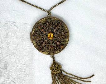 1930s Flapper Dance Compact: Citrine Glass Jewels, Gold Plated Tassel Purse