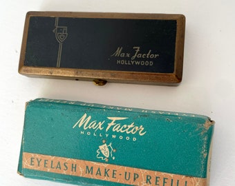 Max Factor Cake Mascaras (2) 1930 w Unused BLUE Refill 2 brushes RARE Collector Vintage Makeup Cosmetics Dram Mask Brass Enamel Eye compact