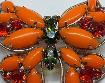 Gorgeous gift for Her Mothers Day Orange Red Olivine Green Marquis Glass Rhinestones Brooch Pin 1940 Collectible Schriener Prong Set Jewels