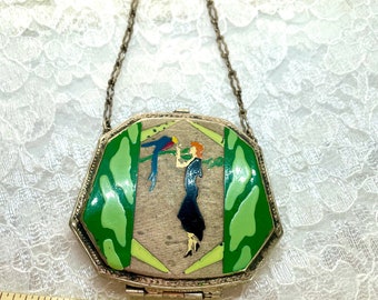 1920 Dance Compact RARE Fabulous enameled femme feeding Parrot bird Etched chain links Detailed Flapper rouge face powder PUFF by Artist!