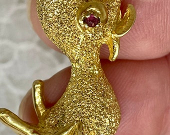 Vermeil Sterling Baby Duck Brooch Pin Faceted Ruby Glass Eye Golden Signed Les Bernard So Cute Gift For Her