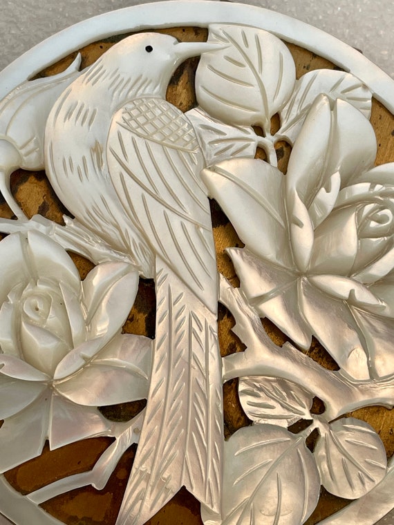 Bird Compact MOP GORGEOUS Carved Roses Vintage 19… - image 2