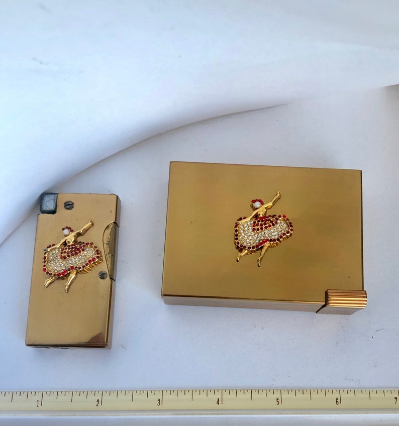 Volupte Ballerina Femme Lighter Set W Fitted Felt Pouches Garnet Rhinestone Encrusted Opal Head Ballet Dancers Puff Original Powder Sieve