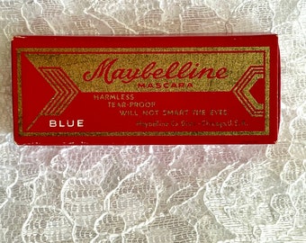 Maybelline Blue Cake Mascara complete unused with red signed brush Cardboard slide Box RARE