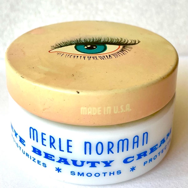 1930 Merle Norman Eye Cream Vintage beauty Cosmetic Makeup Collectible White Milk Glass Jar w Enamel Lady Eye on Lid Historical RARE gifts