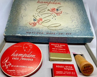 Vintage Makeup Set Hampden Wooden Lipstick tube War Era Rouge Foundation & Face Powder Unused Boxed RARE Cosmetic Collectible